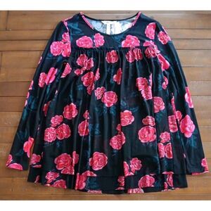 MATILDA JANE XS Winter Blooms‎ Floral Rose Black Tunic Layered Swing Blouse EUC